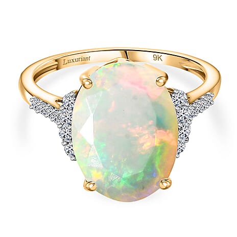 9K Yellow Gold AAA Ethiopian Faceted Opal & Lab Grown Diamond (SI-G-H) Solitaire Ring 3.42 Ct.