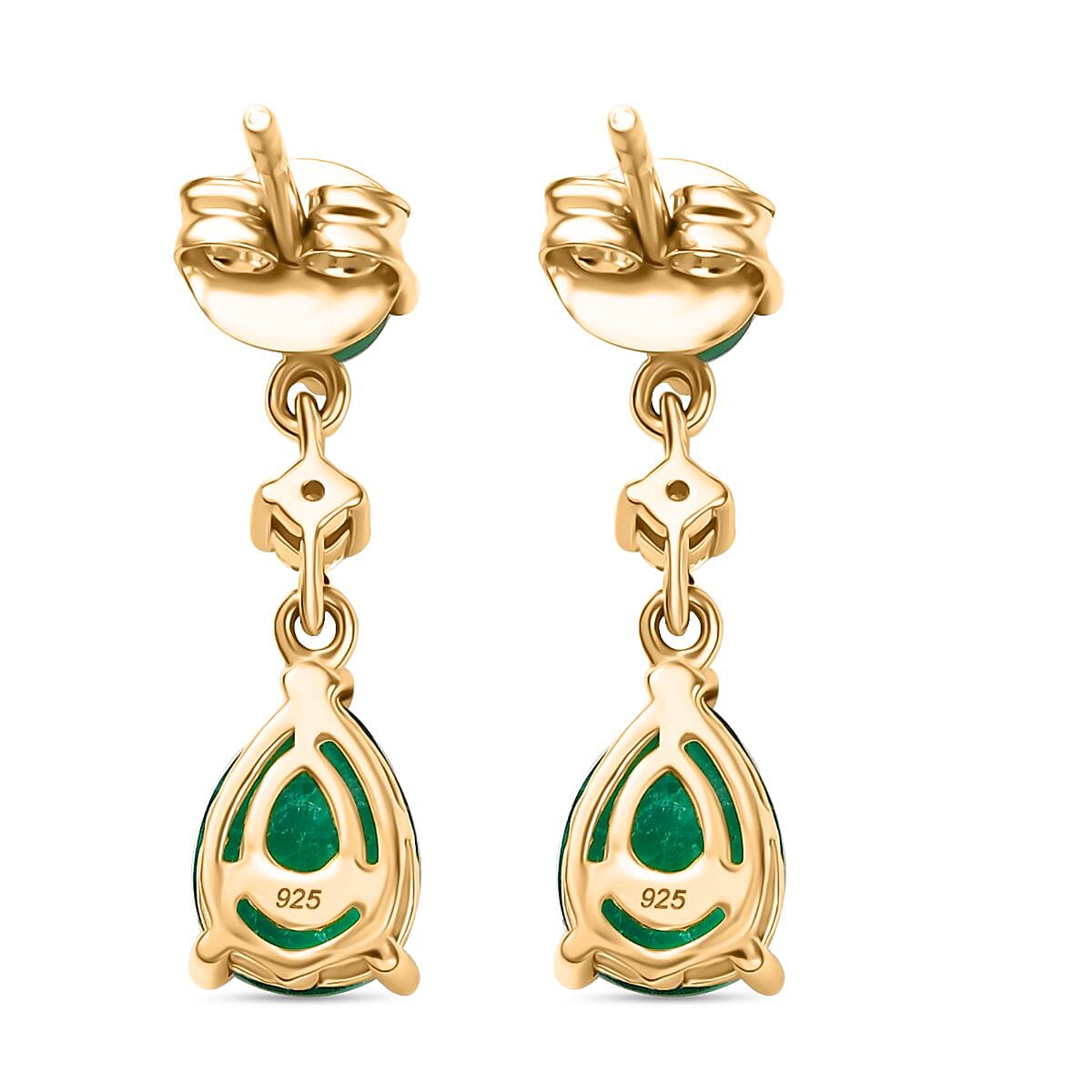 Emeraldine Triplet Quartz, Socoto Emerald & White Zircon Dangling Earring with Push Back in 18K Vermeil Yellow Gold Plated Sterling Silver 3.00 Ct. Emeraldine Triplet Quartz, Socoto Emerald & White Zircon Dangling Earring with Push Back in 18K Vermeil Yellow Gold Plated Sterling Silver 3.00 Ct.