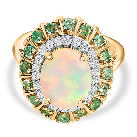 Ethiopian Faceted Opal, White Zircon & Zambian Emerald Ring in 18K Vermeil Yellow Gold Plated Sterling Silver 3.17 Ct.