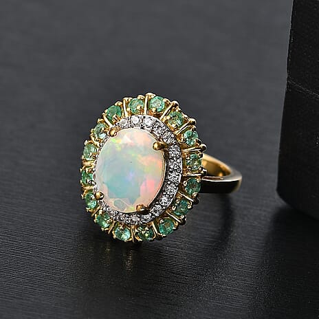Ethiopian Faceted Opal, White Zircon & Zambian Emerald Ring in 18K Vermeil Yellow Gold Plated Sterling Silver 3.17 Ct.