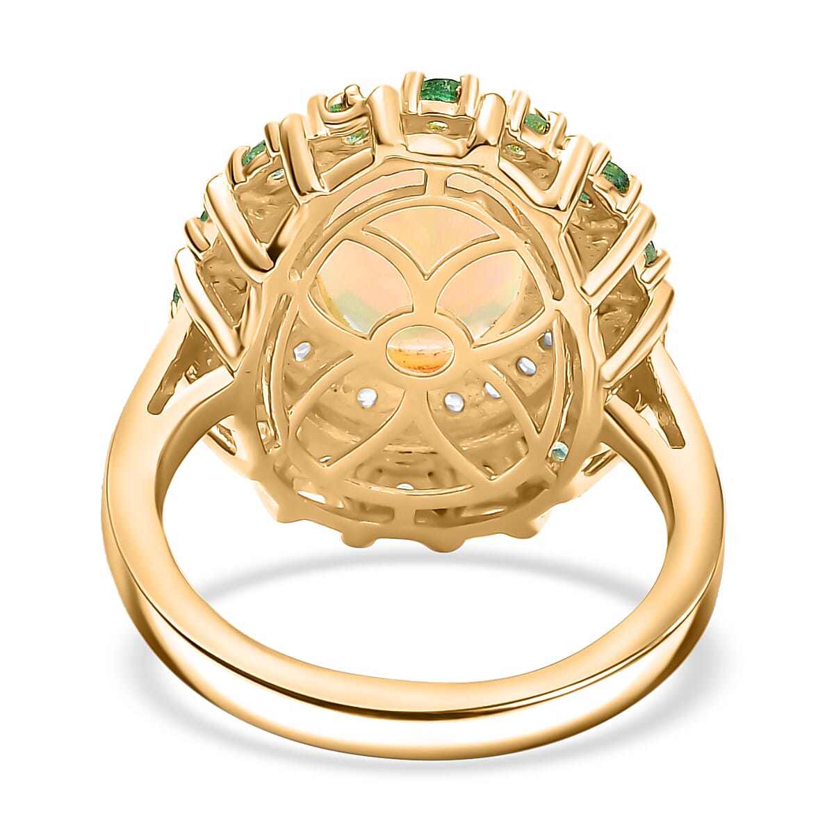 Ethiopian Faceted Opal, White Zircon & Zambian Emerald Ring in 18K Vermeil Yellow Gold Plated Sterling Silver 3.17 Ct. Ethiopian Faceted Opal, White Zircon & Zambian Emerald Ring in 18K Vermeil Yellow Gold Plated Sterling Silver 3.17 Ct.