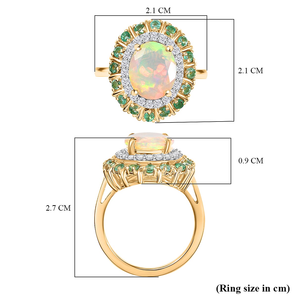 Ethiopian Faceted Opal, White Zircon & Zambian Emerald Ring in 18K Vermeil Yellow Gold Plated Sterling Silver 3.17 Ct. Ethiopian Faceted Opal, White Zircon & Zambian Emerald Ring in 18K Vermeil Yellow Gold Plated Sterling Silver 3.17 Ct.