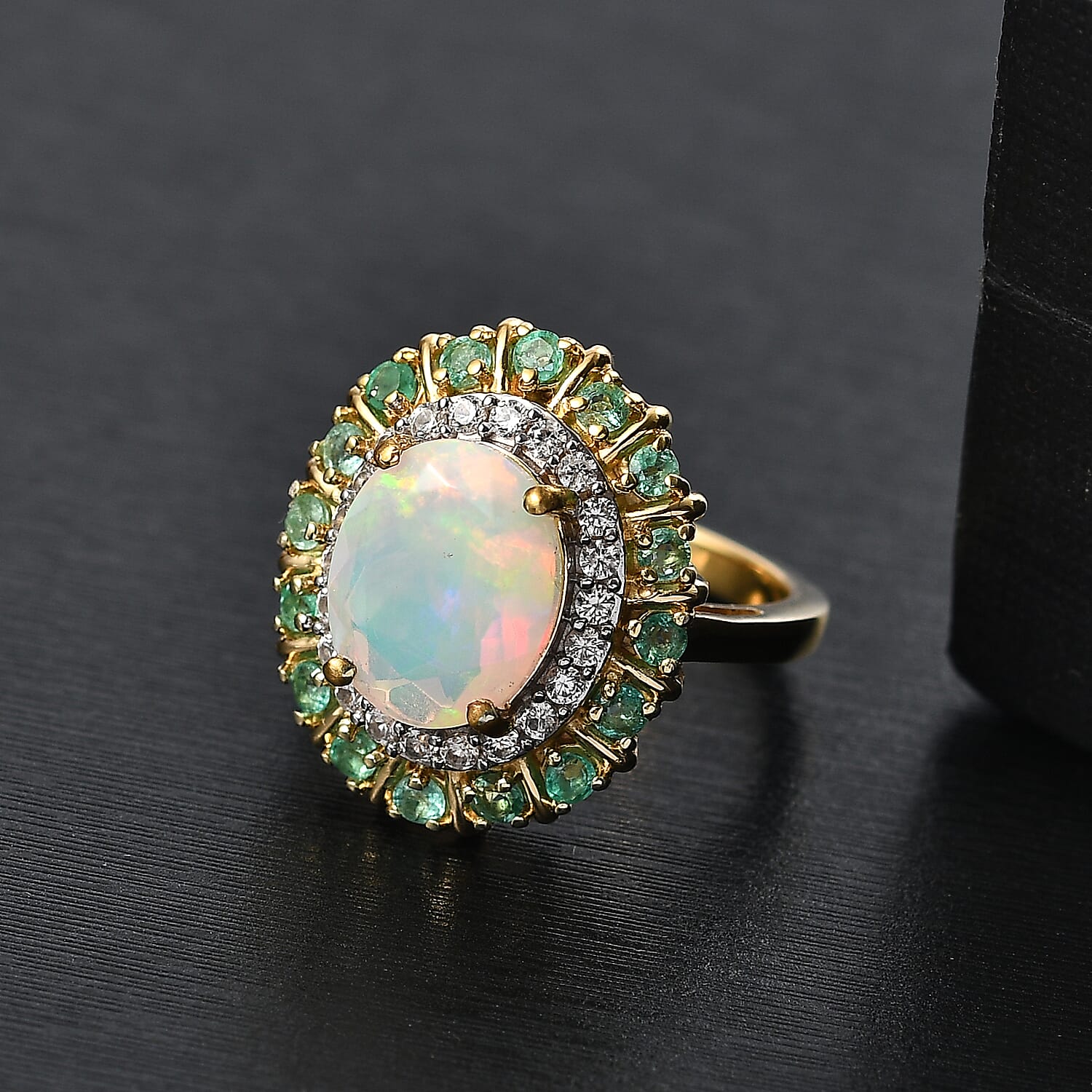 Ethiopian Faceted Opal, White Zircon & Zambian Emerald Ring in 18K Vermeil Yellow Gold Plated Sterling Silver 3.17 Ct. Ethiopian Faceted Opal, White Zircon & Zambian Emerald Ring in 18K Vermeil Yellow Gold Plated Sterling Silver 3.17 Ct.