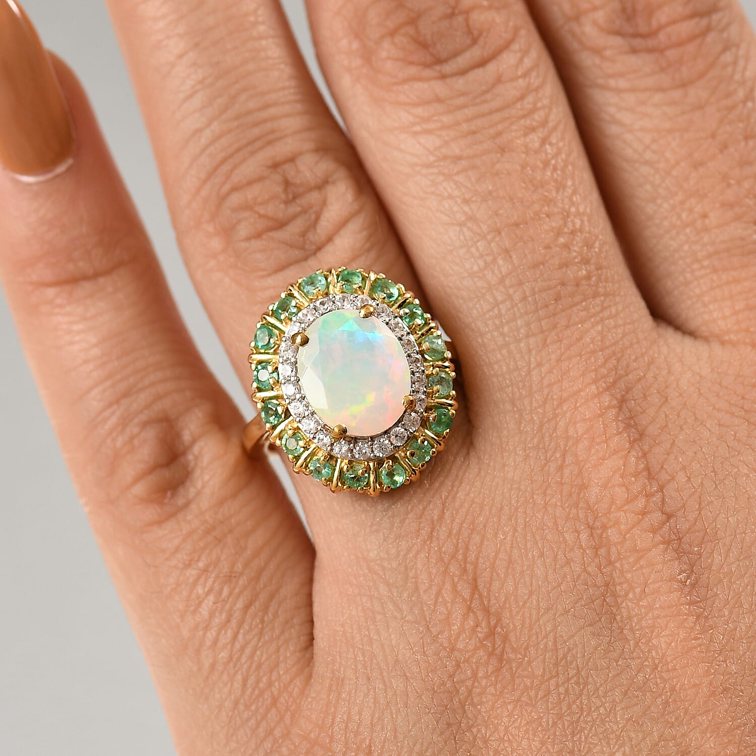 Ethiopian Faceted Opal, White Zircon & Zambian Emerald Ring in 18K Vermeil Yellow Gold Plated Sterling Silver 3.17 Ct. Ethiopian Faceted Opal, White Zircon & Zambian Emerald Ring in 18K Vermeil Yellow Gold Plated Sterling Silver 3.17 Ct.