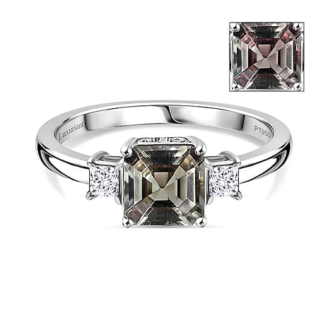 Luxuriant 950 Platinum AAA Turkizite (Asscher Cut) & Lab Grown Diamonds (VS-EF) Trilogy Ring 1.28 Ct, Platinum Wt. 4.00 Gms.