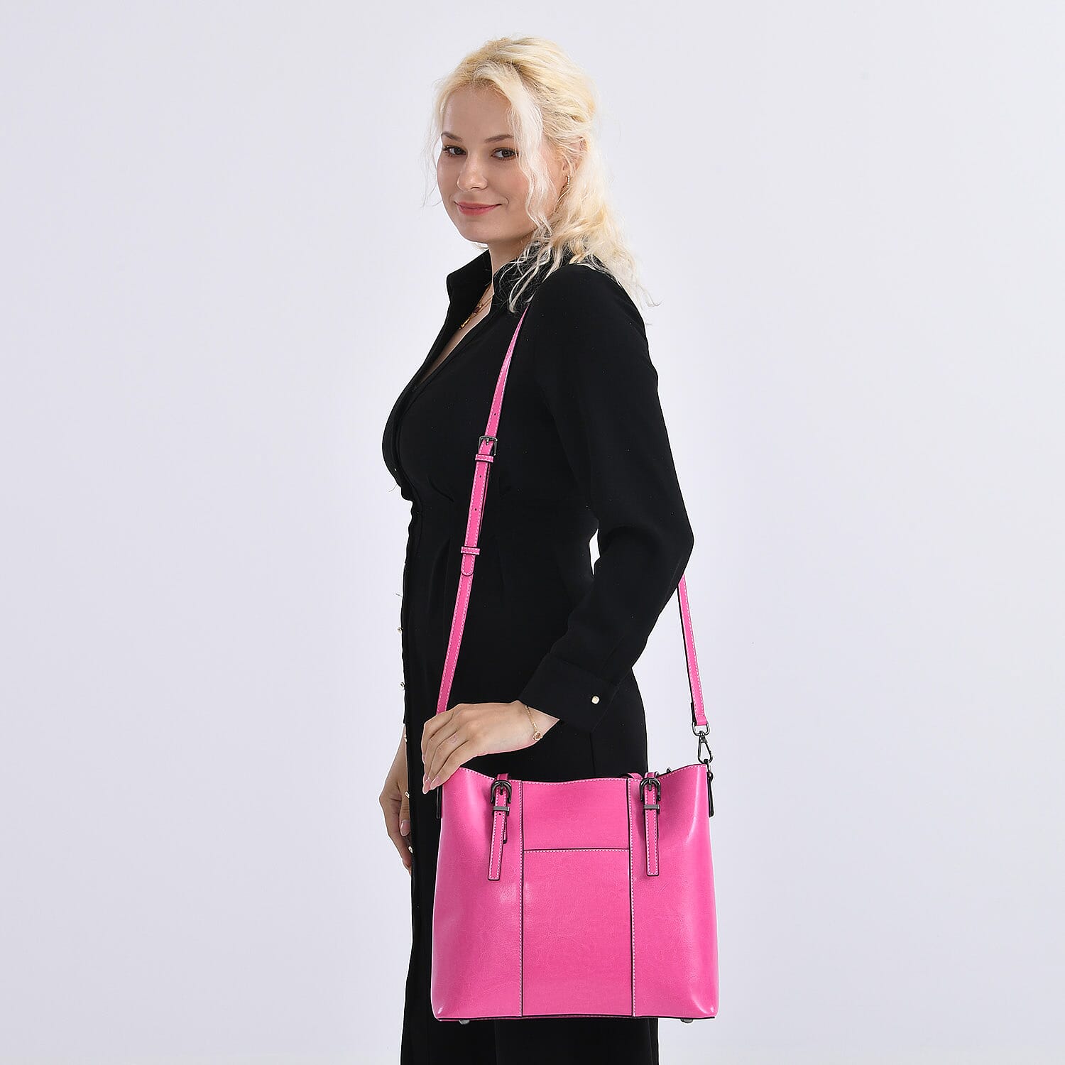 Stylish Genuine Leather Everyday Tote Bag With Adjustable Strap - Pink