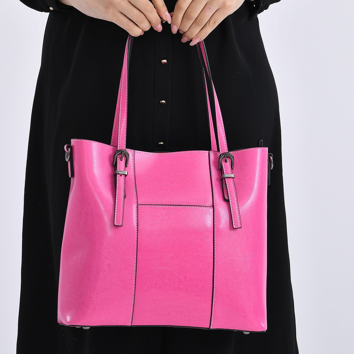 Stylish Genuine Leather Everyday Tote Bag With Adjustable Strap - Pink