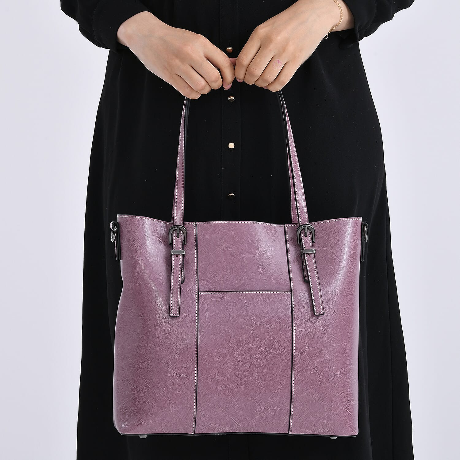 Stylish Genuine Leather Everyday Tote Bag With Adjustable Strap - Mauve