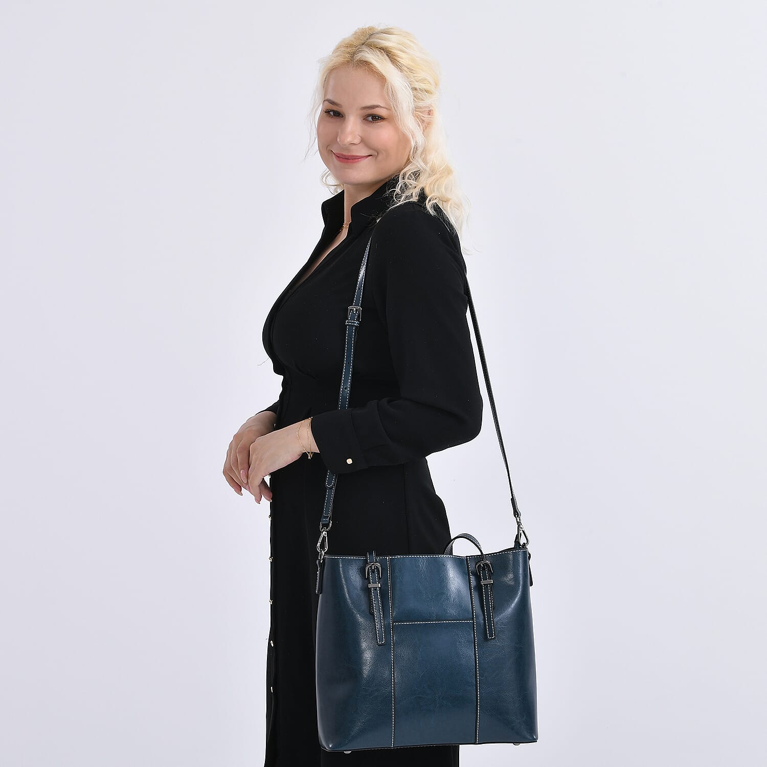 Stylish Genuine Leather Everyday Tote Bag With Adjustable Strap -  Dark Teal