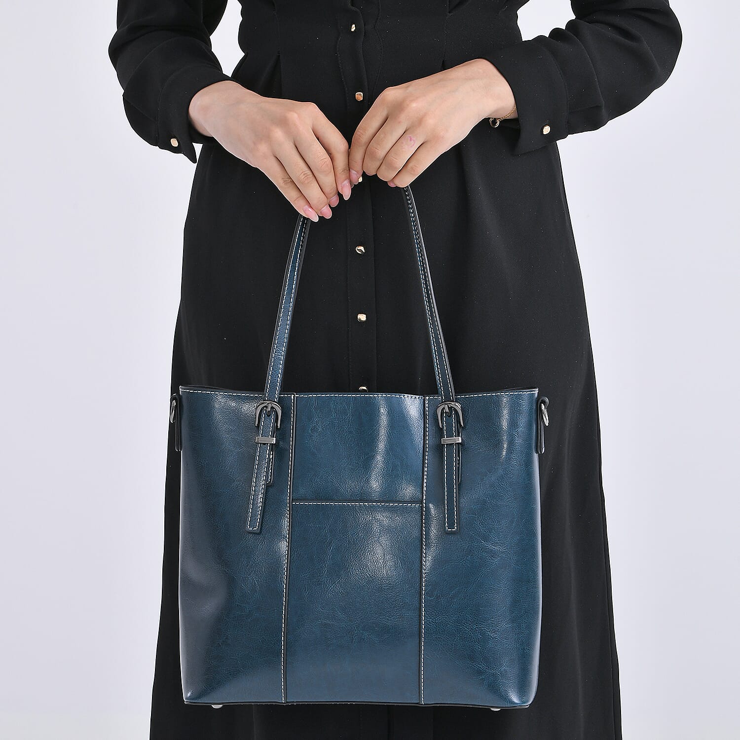 Stylish Genuine Leather Everyday Tote Bag With Adjustable Strap -  Dark Teal