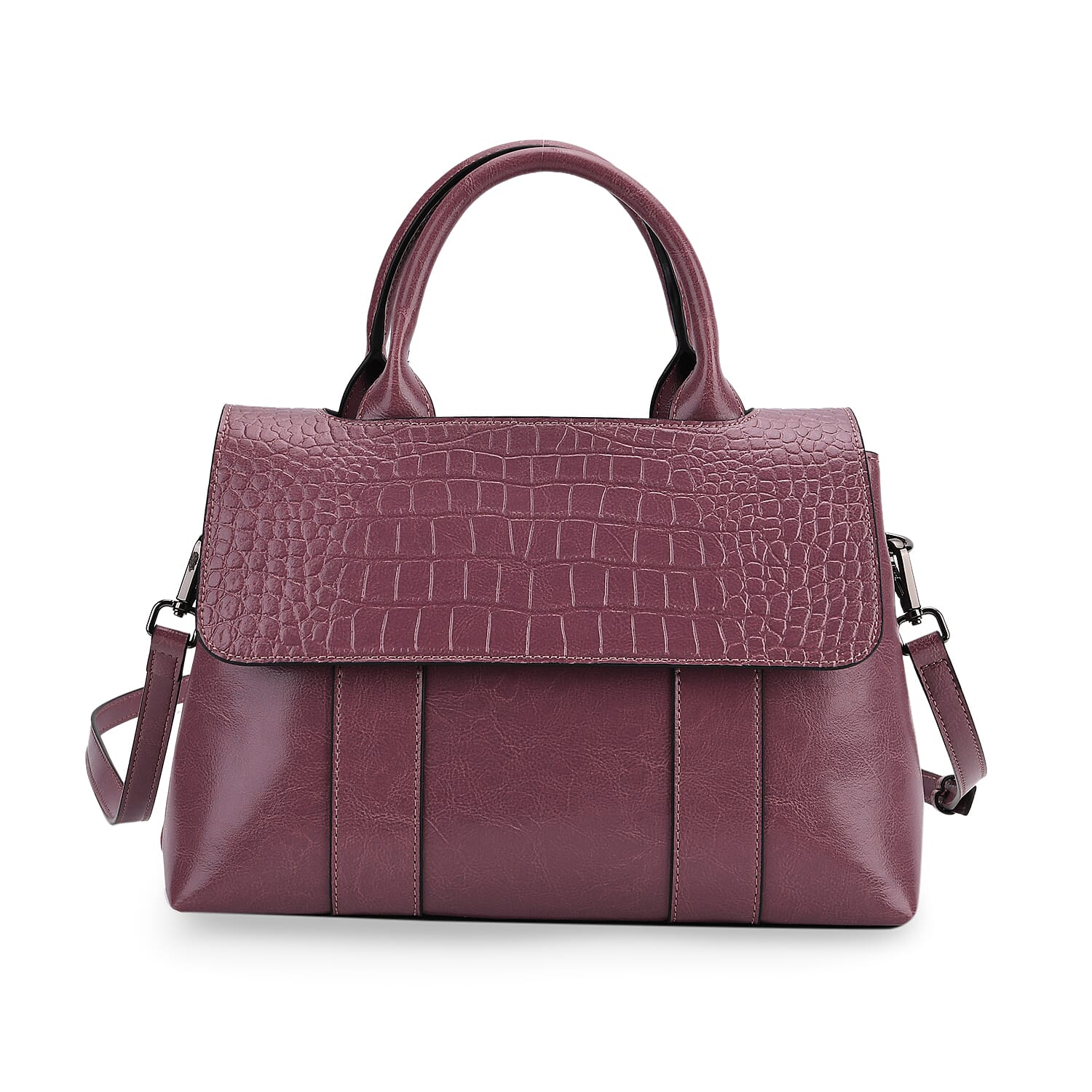 Sumptuous Quality 100% Genuine Exquisite Leather Croc Embossed Crossbody Bag with 2 Long Shoulder Strap - Purple