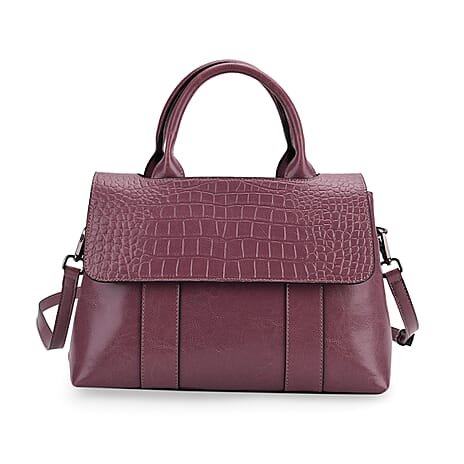 Sumptuous Quality 100% Genuine Exquisite Leather Croc Embossed Crossbody Bag with 2 Long Shoulder Strap - Purple