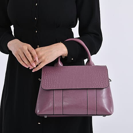 Sumptuous Quality 100% Genuine Exquisite Leather Croc Embossed Crossbody Bag with 2 Long Shoulder Strap - Purple