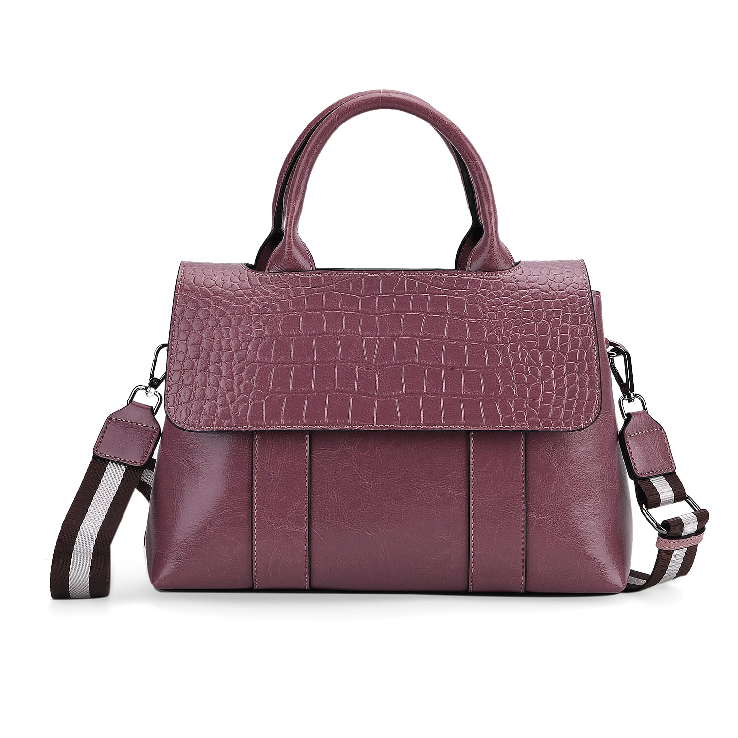 Sumptuous Quality 100% Genuine Exquisite Leather Croc Embossed Crossbody Bag with 2 Long Shoulder Strap - Purple