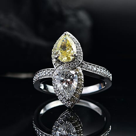 Luxuriant Diamond - 950 Platinum SGL Certified (VS-E-F) Yellow & White Lab Grown Diamond Halo Ring 2.50 Ct, Platinum Wt. 7.25 Gms.