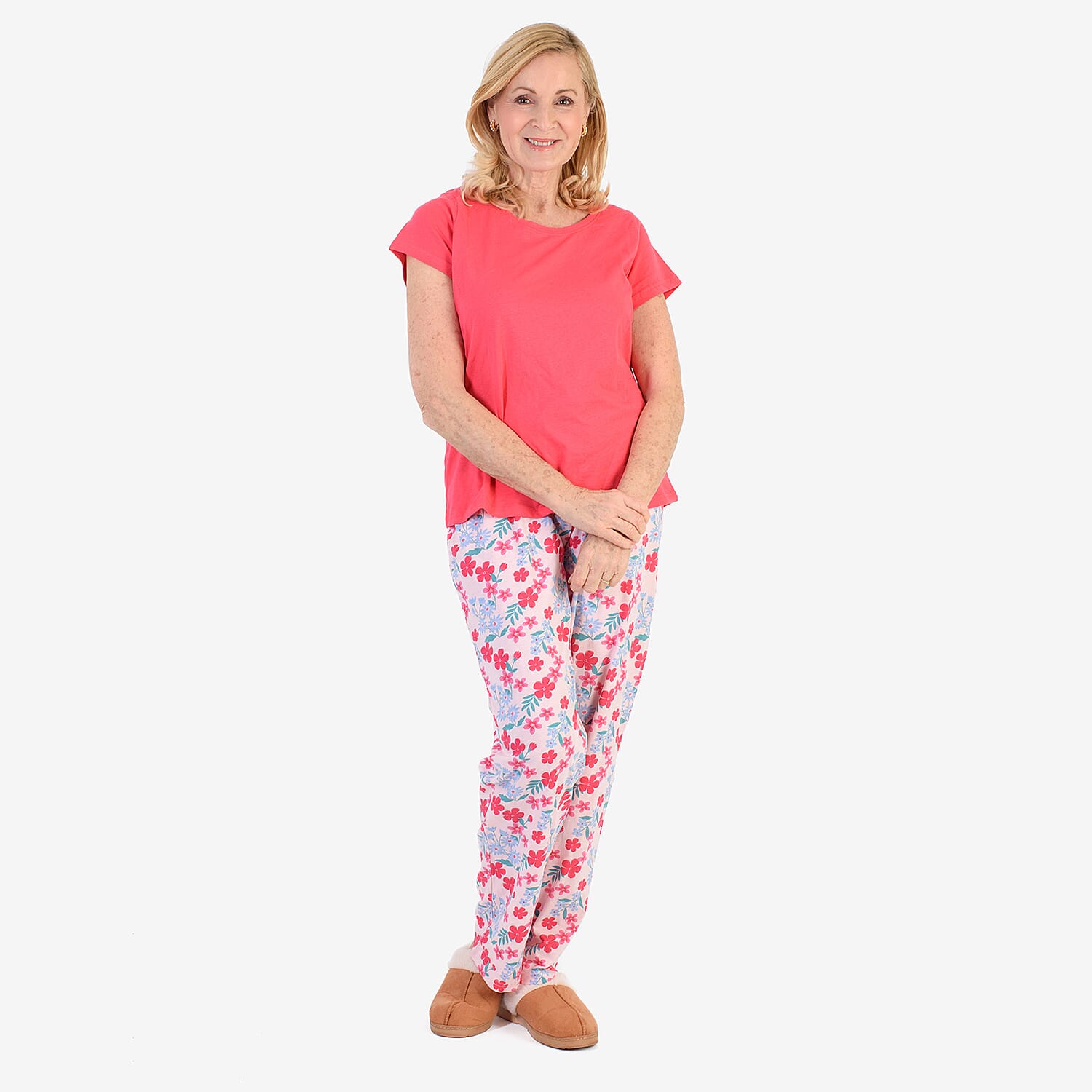 100% Cotton Ladies Flower Print T Shirt & Pants PJ Set (Size - M) - Pink