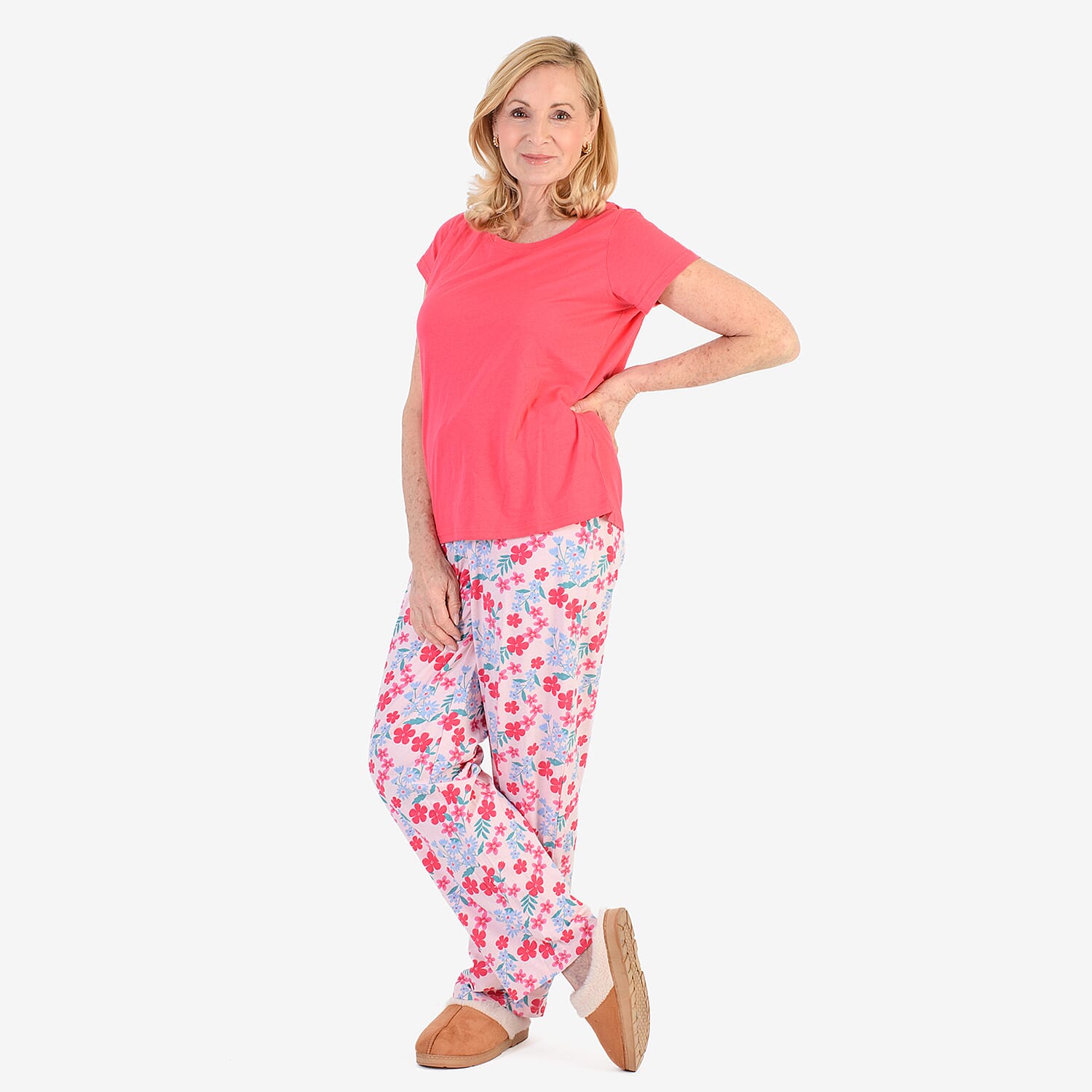100% Cotton Ladies Flower Print T Shirt & Pants PJ Set (Size - M) - Pink