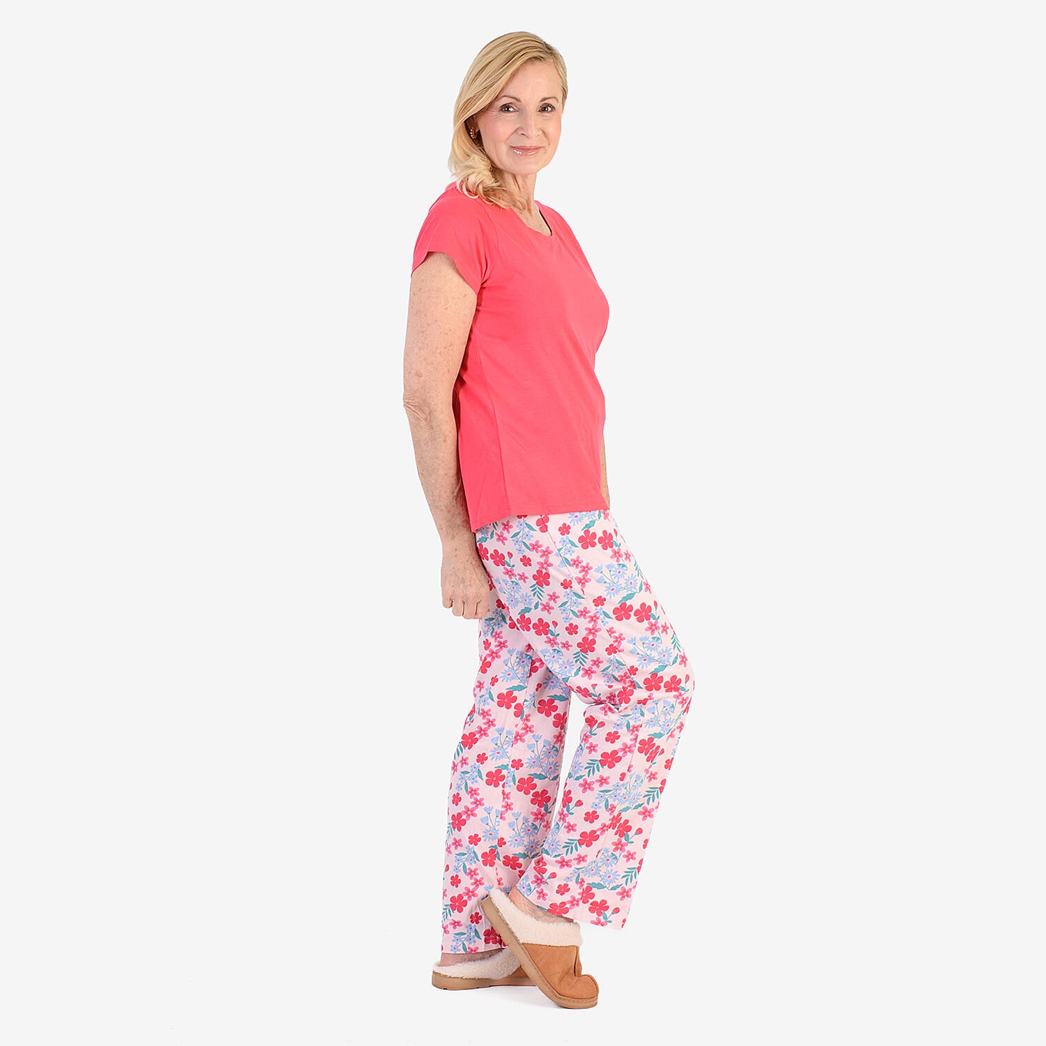 100% Cotton Ladies Flower Print T Shirt & Pants PJ Set (Size - M) - Pink