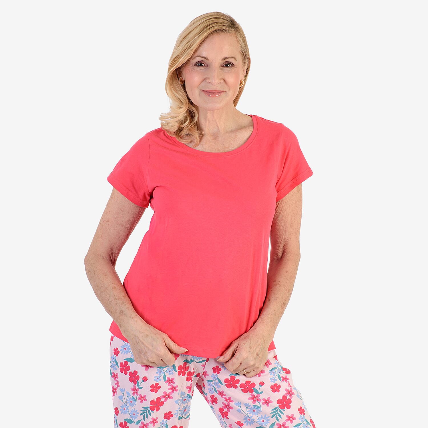 100% Cotton Ladies Flower Print T Shirt & Pants PJ Set (Size - M) - Pink