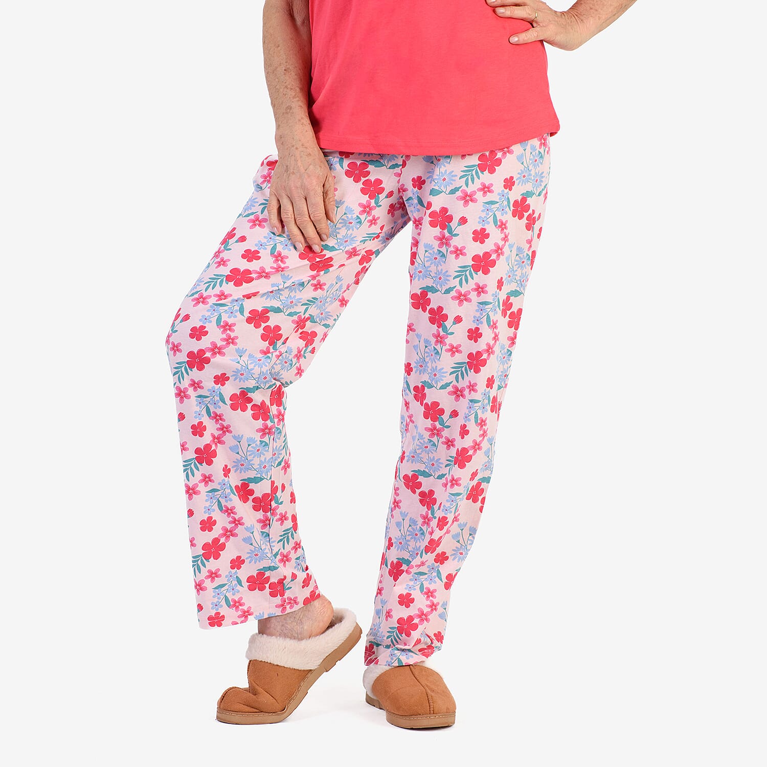100% Cotton Ladies Flower Print T Shirt & Pants PJ Set (Size - M) - Pink