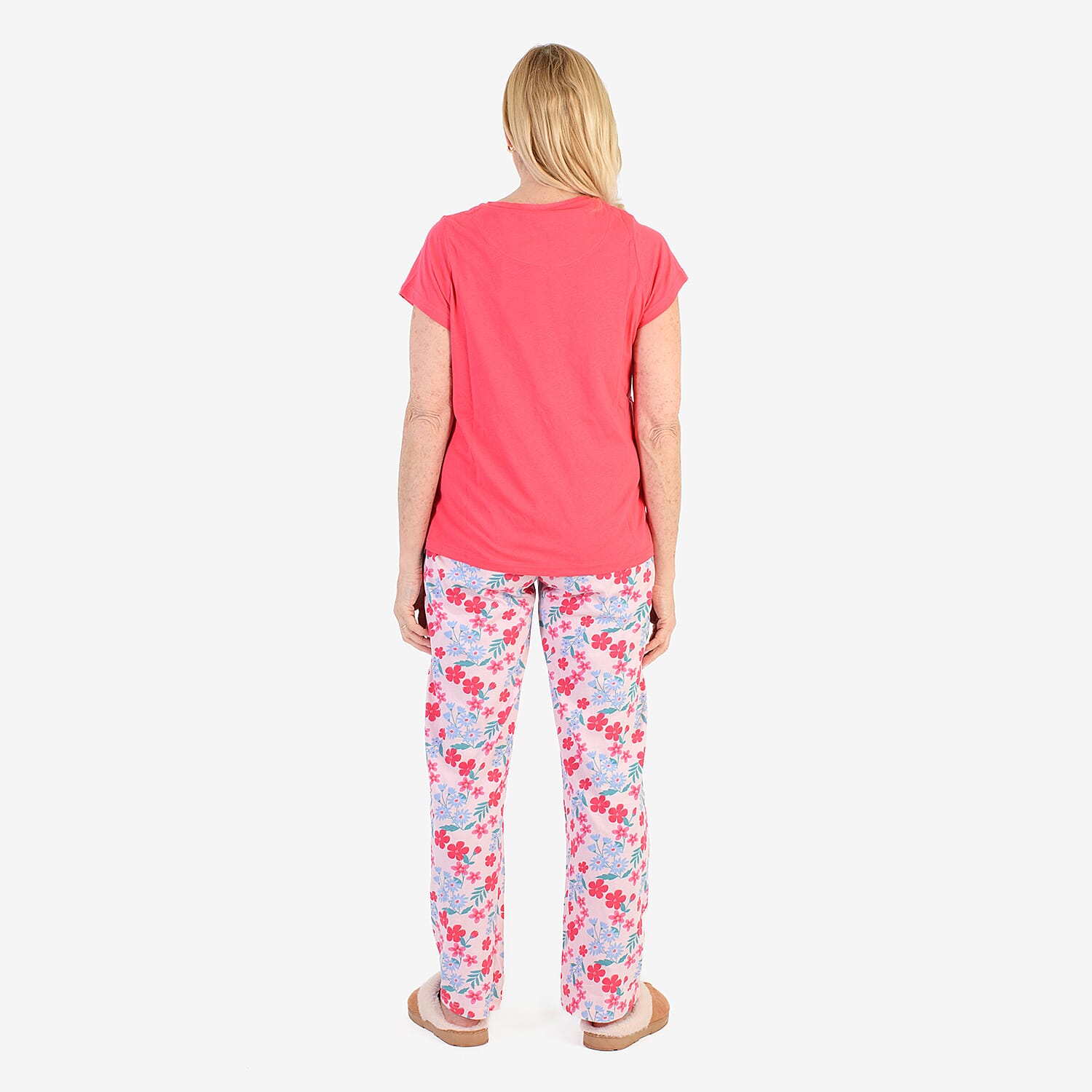 100% Cotton Ladies Flower Print T Shirt & Pants PJ Set (Size - M) - Pink