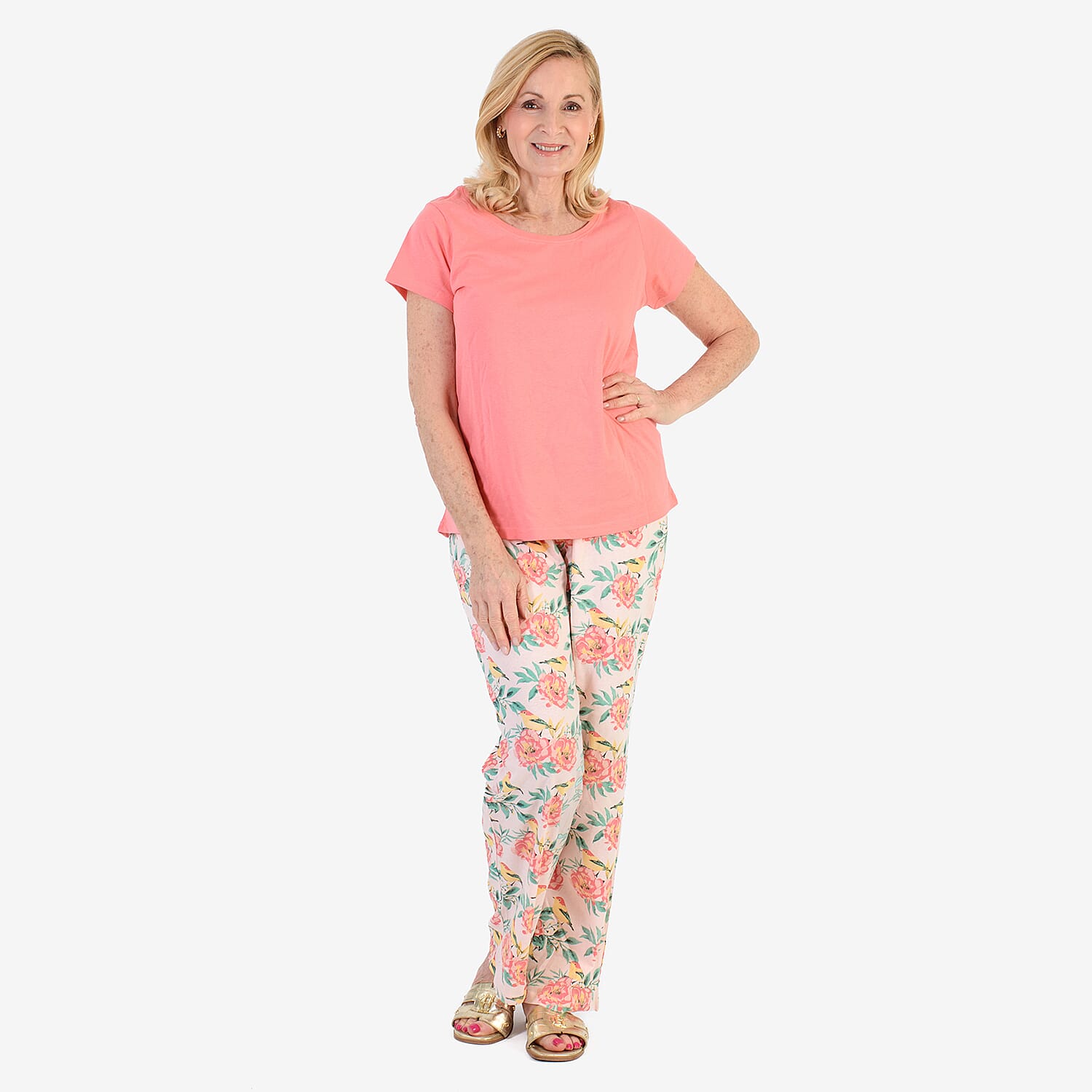100% Cotton Ladies Flower Print T Shirt & Pants PJ Set (Size - XL) - Peach