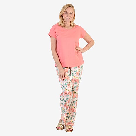 100% Cotton Ladies Flower Print T Shirt & Pants PJ Set (Size - XL) - Peach