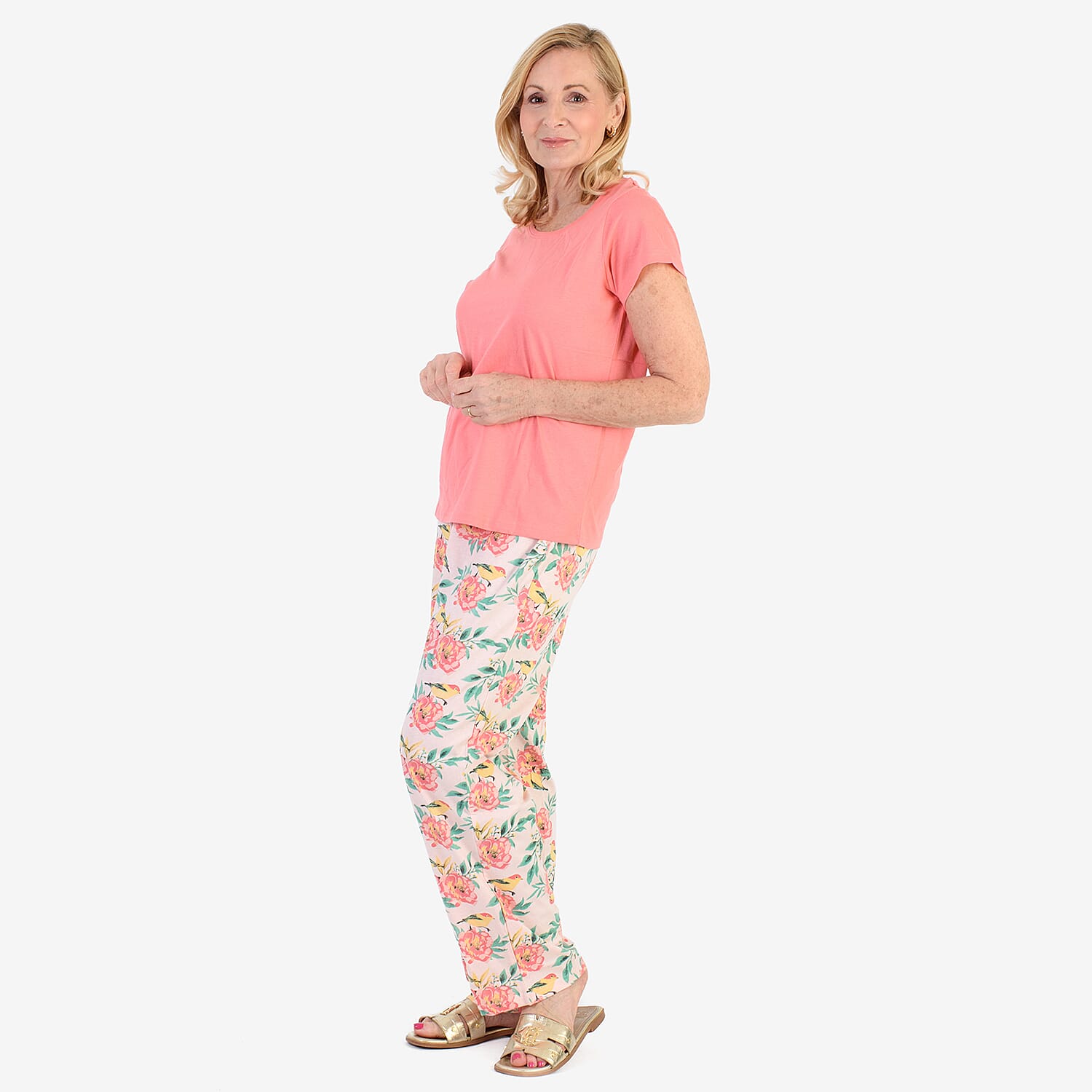 100% Cotton Ladies Flower Print T Shirt & Pants PJ Set (Size - XL) - Peach