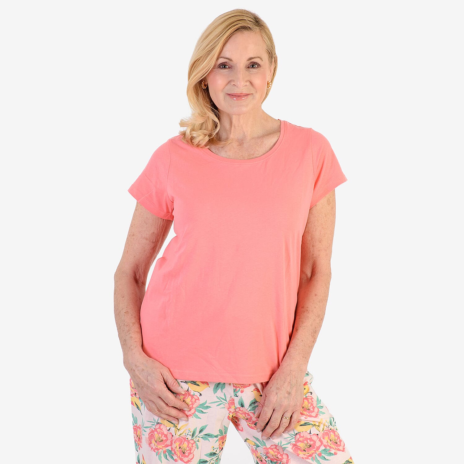 100% Cotton Ladies Flower Print T Shirt & Pants PJ Set (Size - XL) - Peach