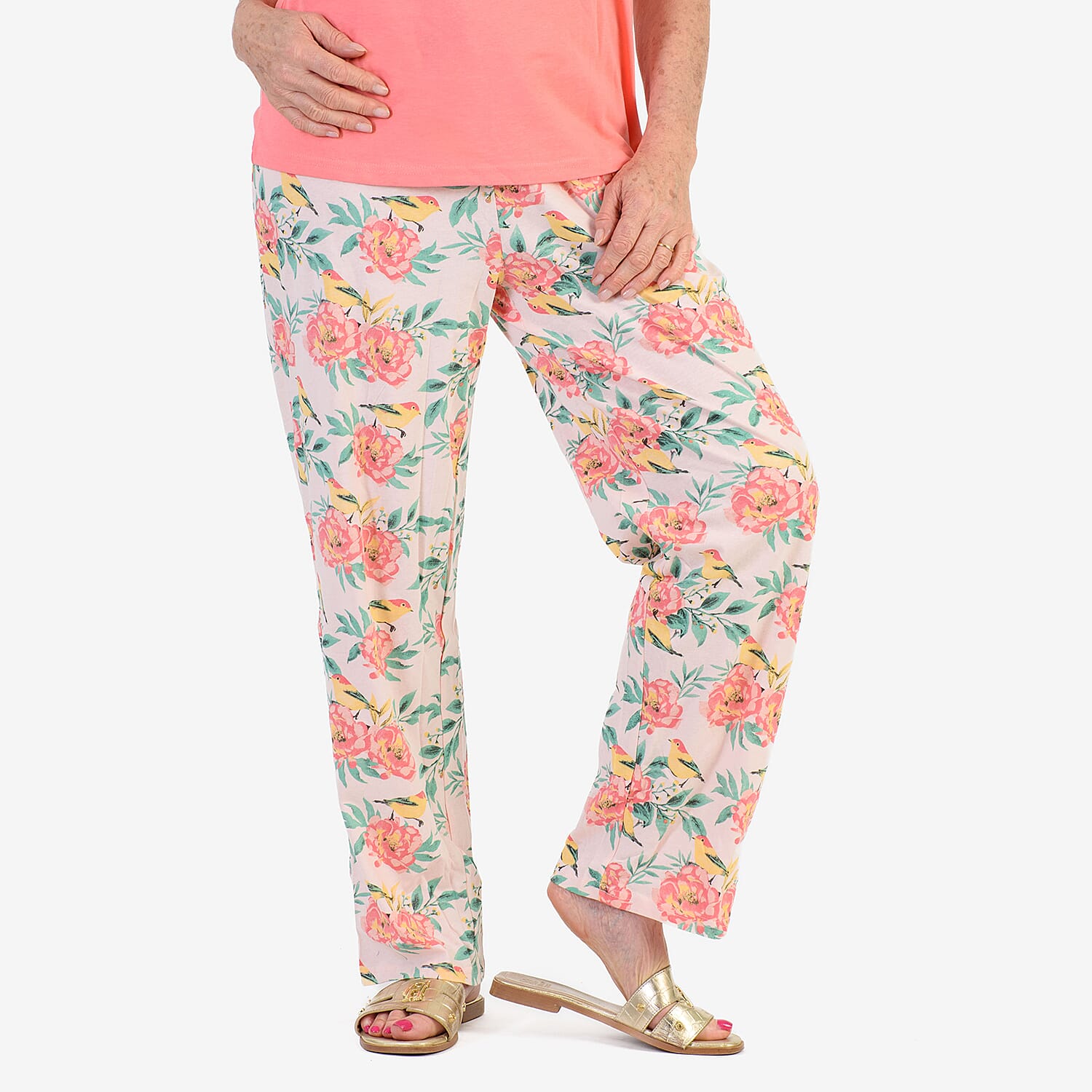 100% Cotton Ladies Flower Print T Shirt & Pants PJ Set (Size - XL) - Peach