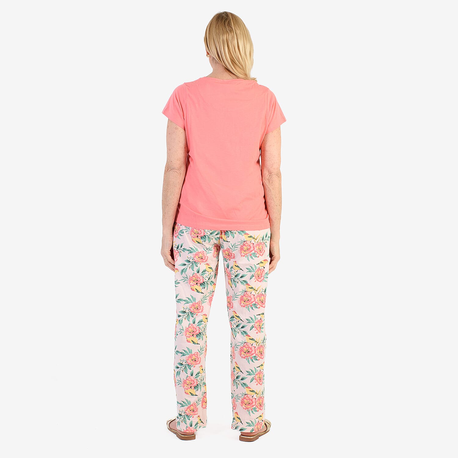100% Cotton Ladies Flower Print T Shirt & Pants PJ Set (Size - XL) - Peach