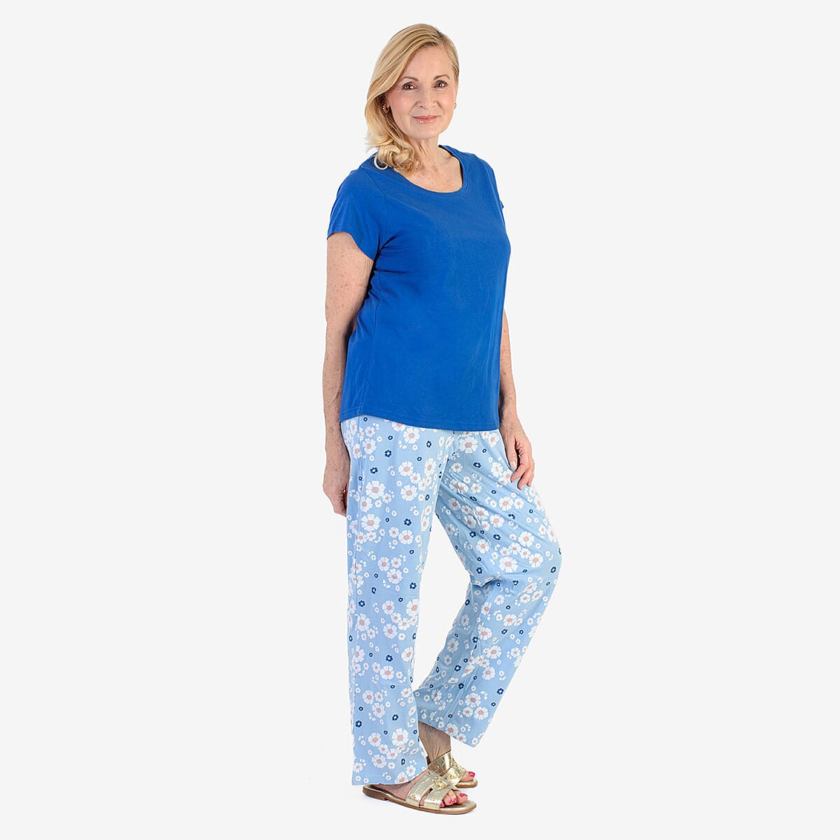 100% Cotton Ladies Flower Print T Shirt & Pants PJ Set (Size - M) - Blue