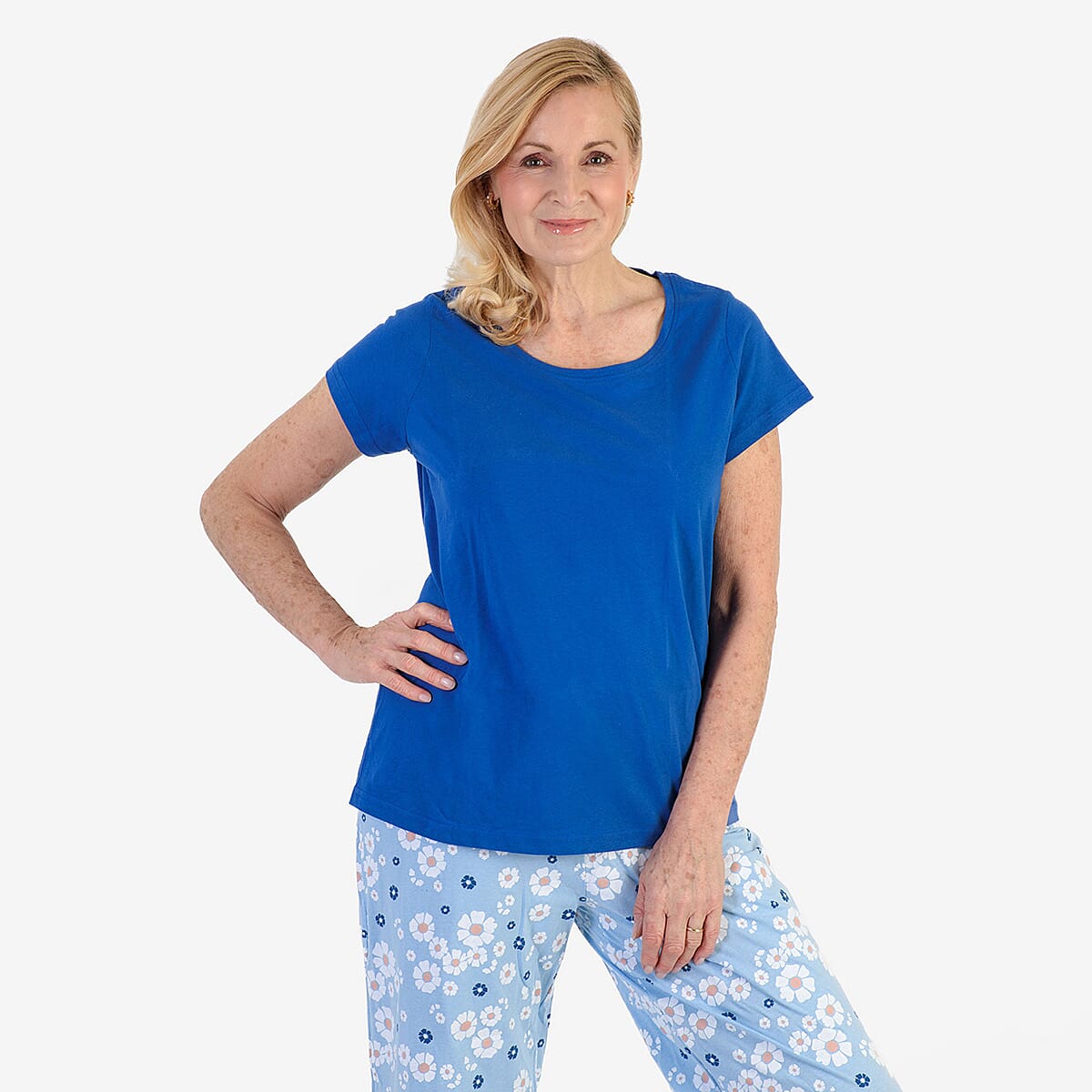100% Cotton Ladies Flower Print T Shirt & Pants PJ Set (Size - M) - Blue