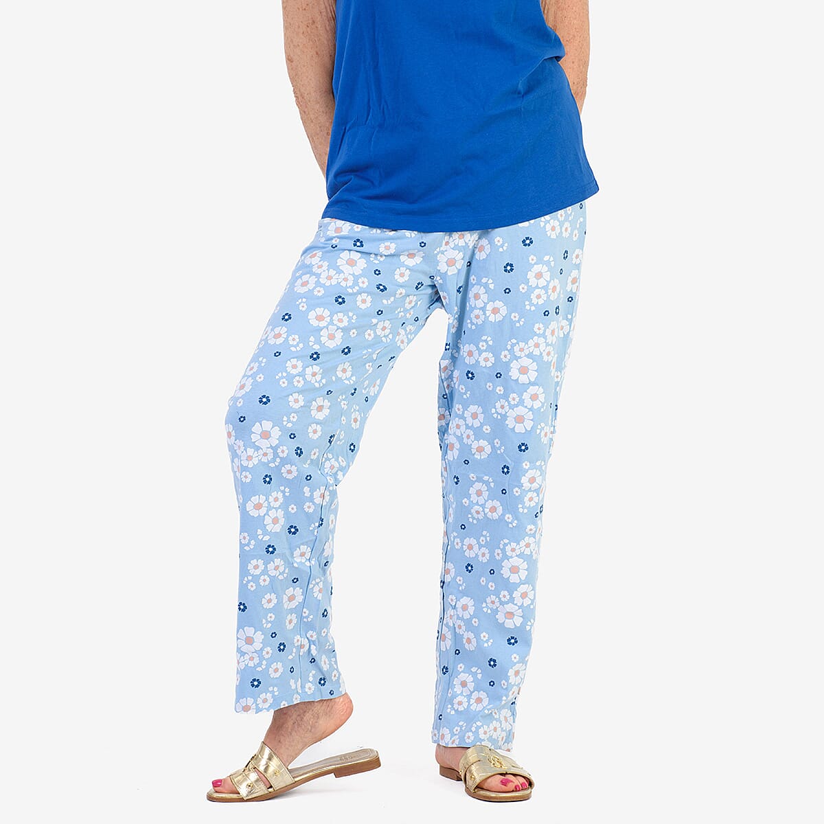100% Cotton Ladies Flower Print T Shirt & Pants PJ Set (Size - M) - Blue