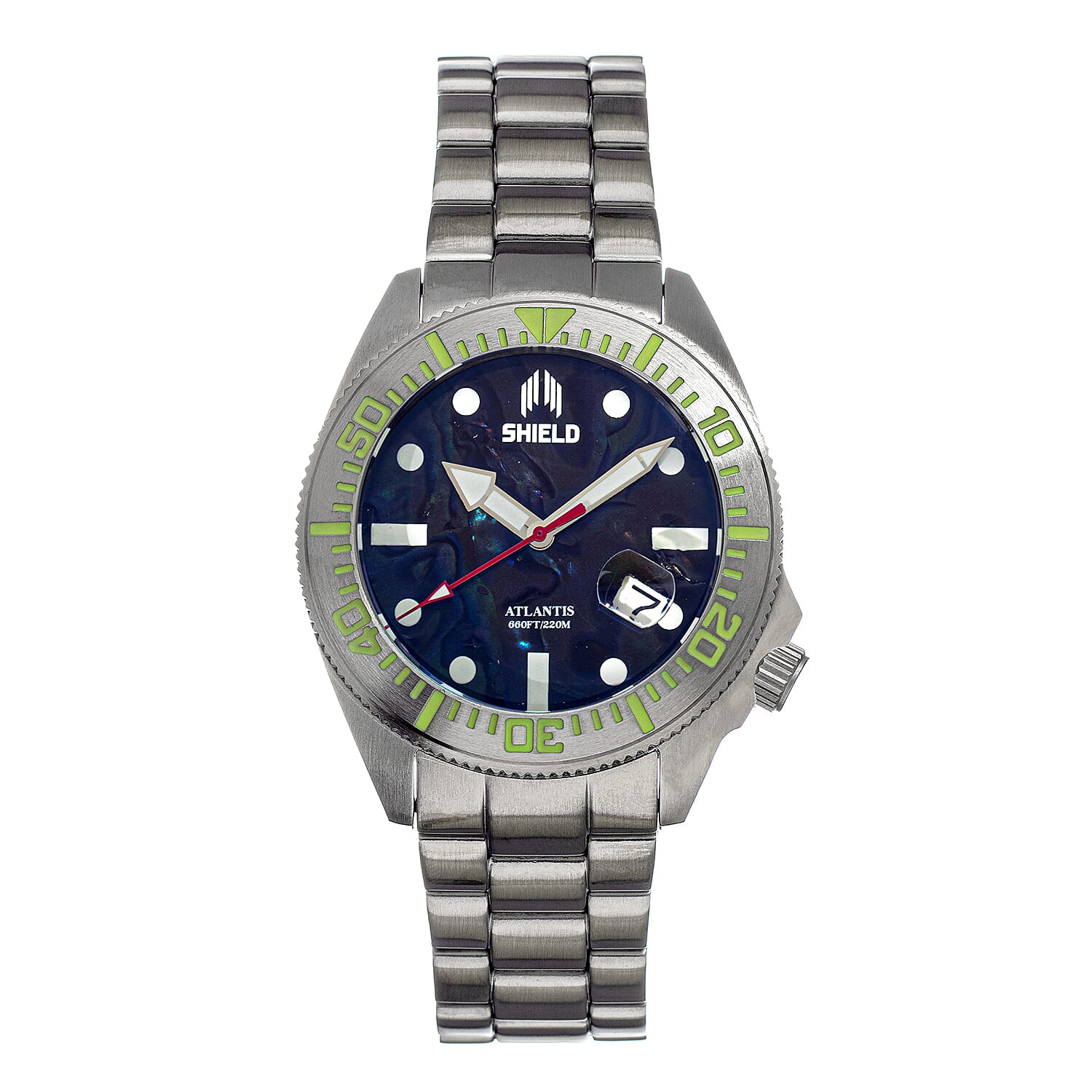 Shield Atlantis Automatic Movt. 20ATM Water Resistance Black Dial Mens Watch with Silver Colour Stainless Steel Strap