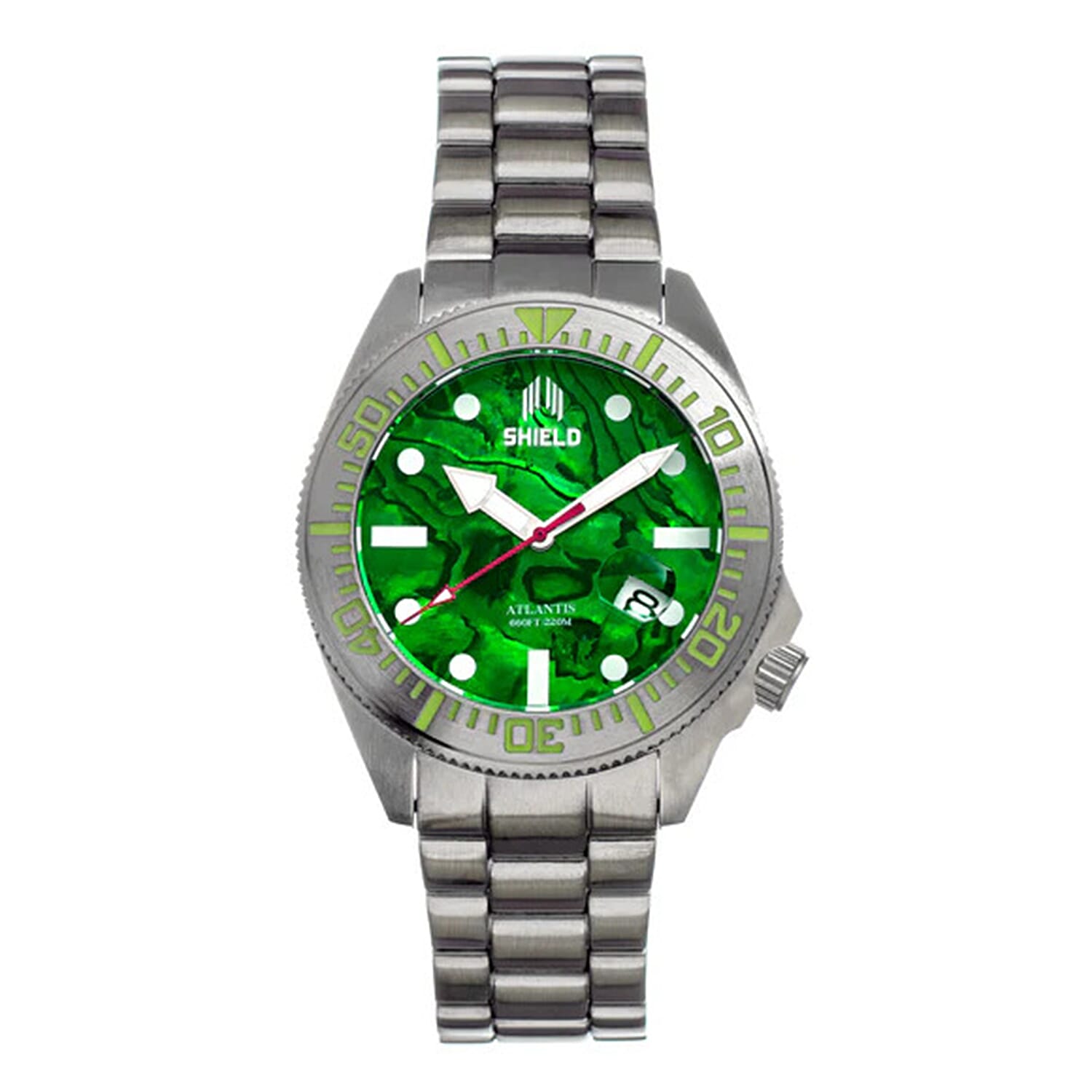 Shield Atlantis Automatic Movt. 20ATM Water Resistance Green Dial Mens Watch with Silver Colour Stainless Steel Strap