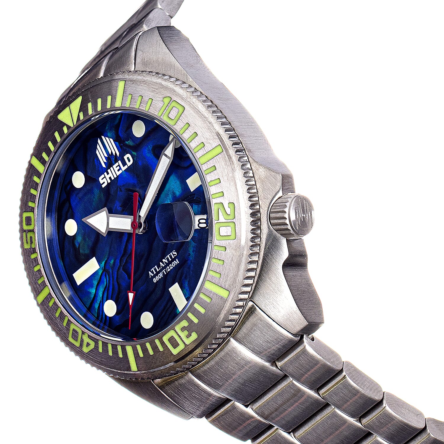 Shield Atlantis Automatic Movt. 20ATM Water Resistance Blue Dial Mens Watch with Silver Colour Stainless Steel Strap