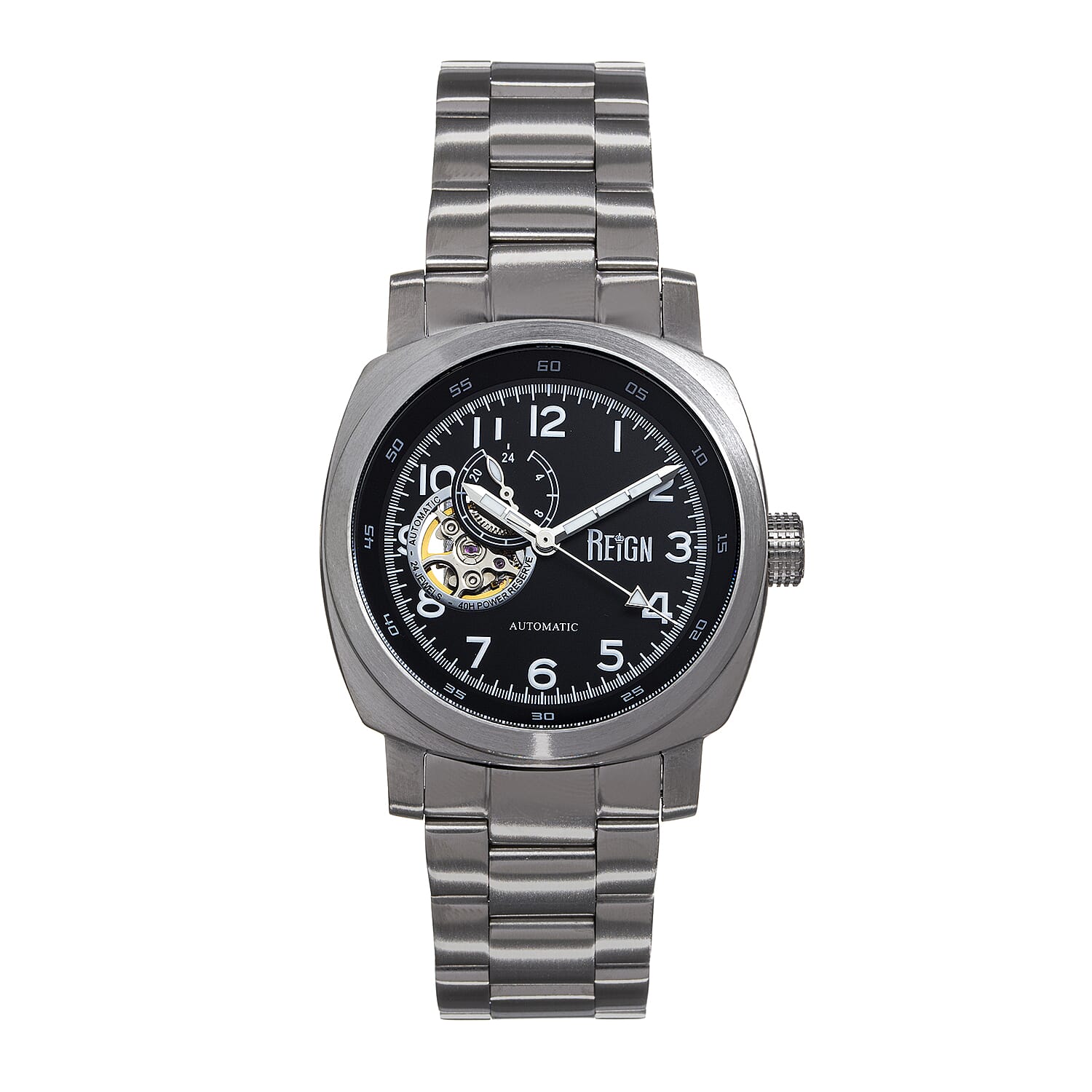 Reign Impaler Automatic Movt. 10ATM WR Black Dial Mens Watch with Silver Colour Stainless Steel Strap