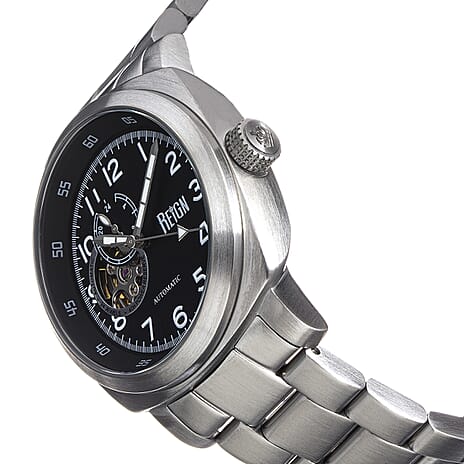 Reign Impaler Automatic Movt. 10ATM WR Black Dial Mens Watch with Silver Colour Stainless Steel Strap