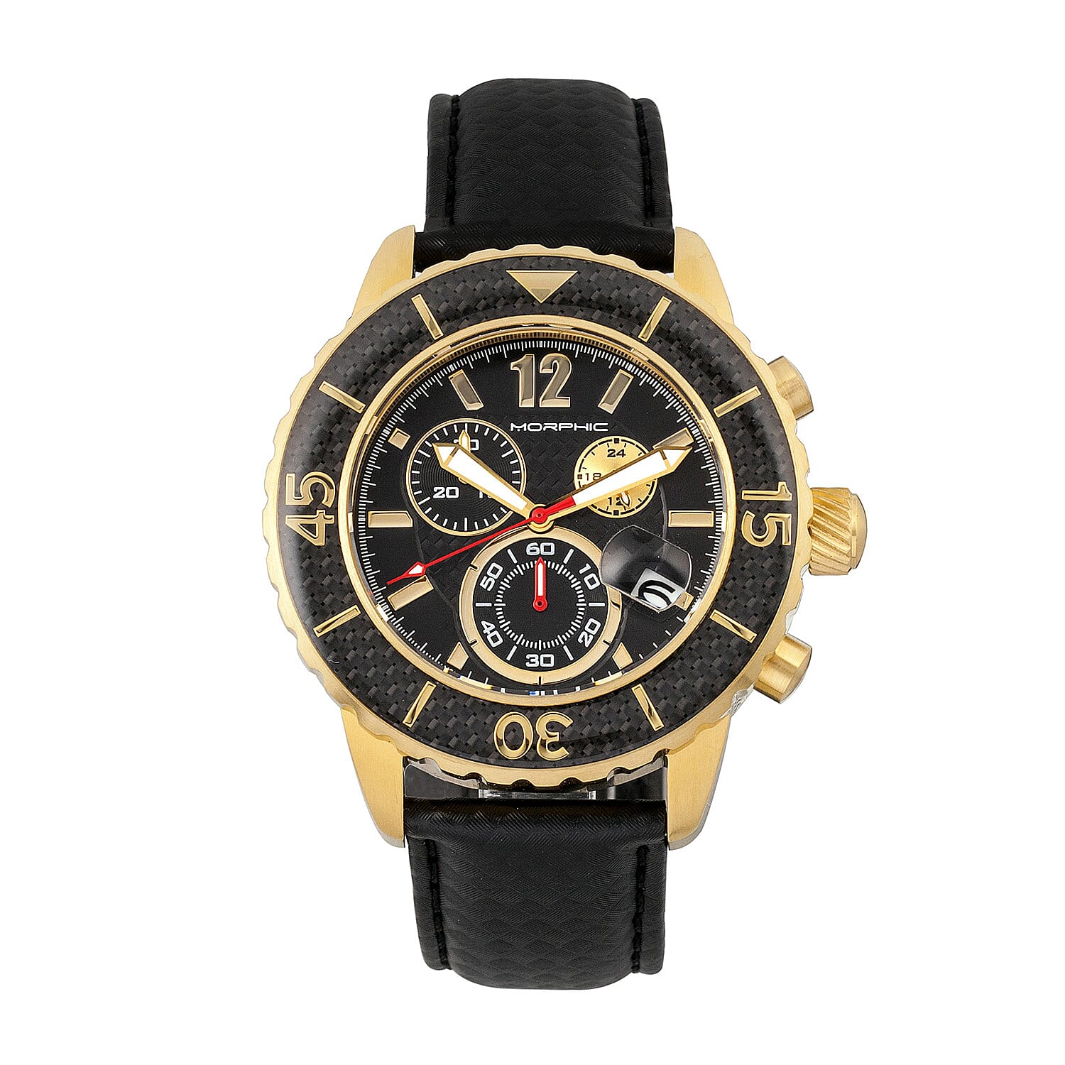 Morphic M51 Series Quartz Movt. 10ATM WR Black Dial with Yellow Case Mens Watch with Black Leather Strap