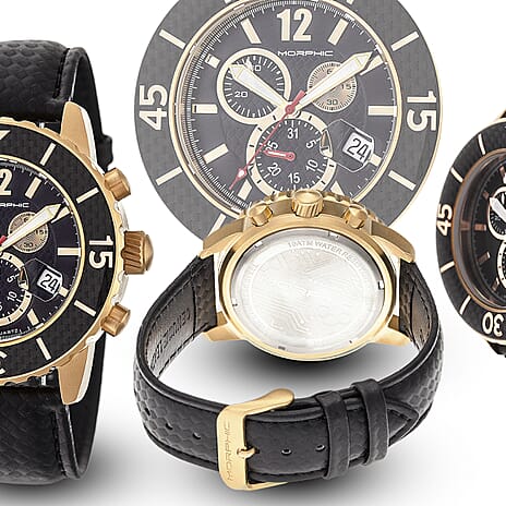 Morphic M51 Series Quartz Movt. 10ATM WR Black Dial with Yellow Case Mens Watch with Black Leather Strap