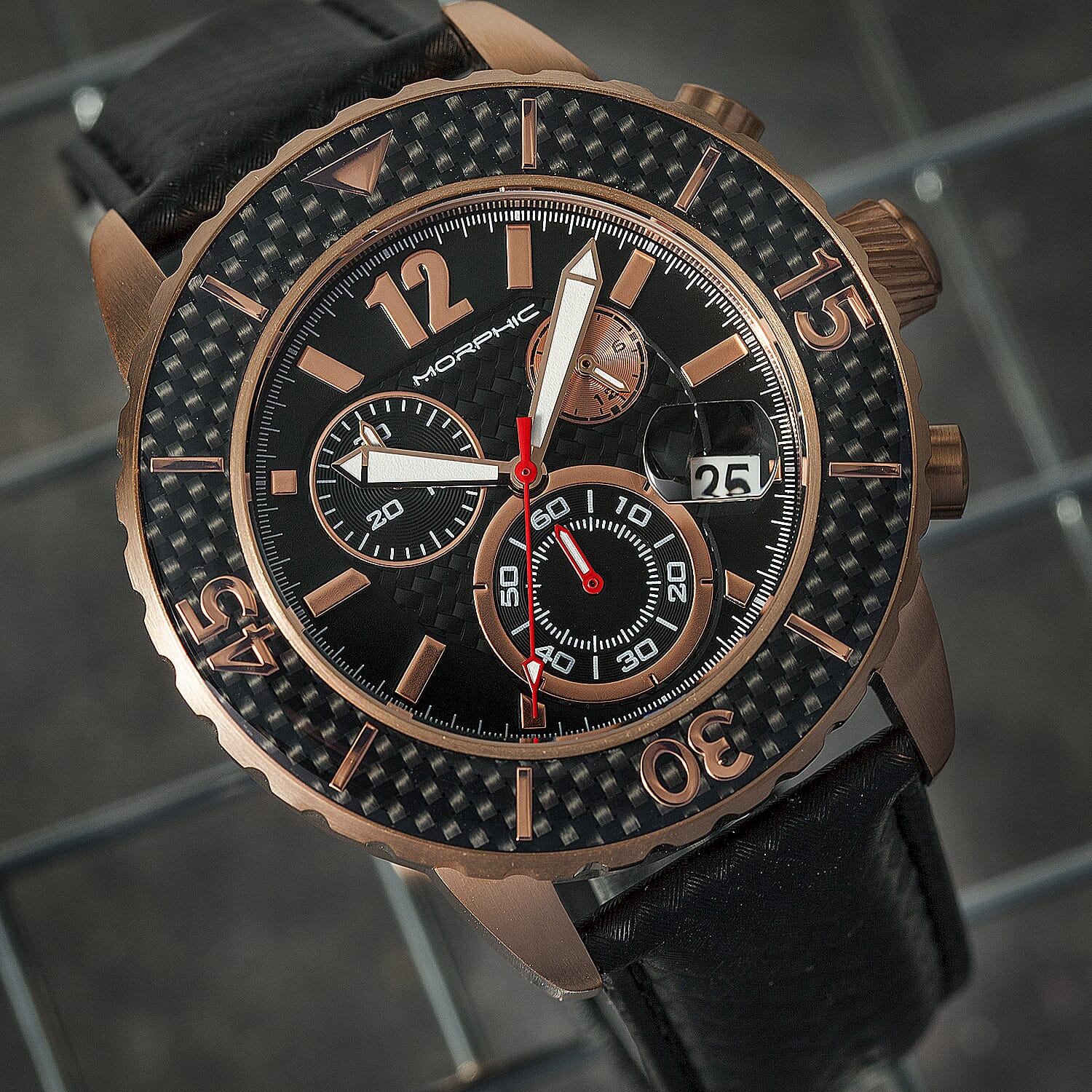 Morphic M51 Series Quartz Movt. 10ATM WR Black Dial with Rose Case Mens Watch with Black Leather Strap