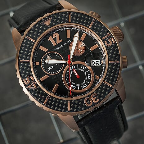 Morphic M51 Series Quartz Movt. 10ATM WR Black Dial with Rose Case Mens Watch with Black Leather Strap