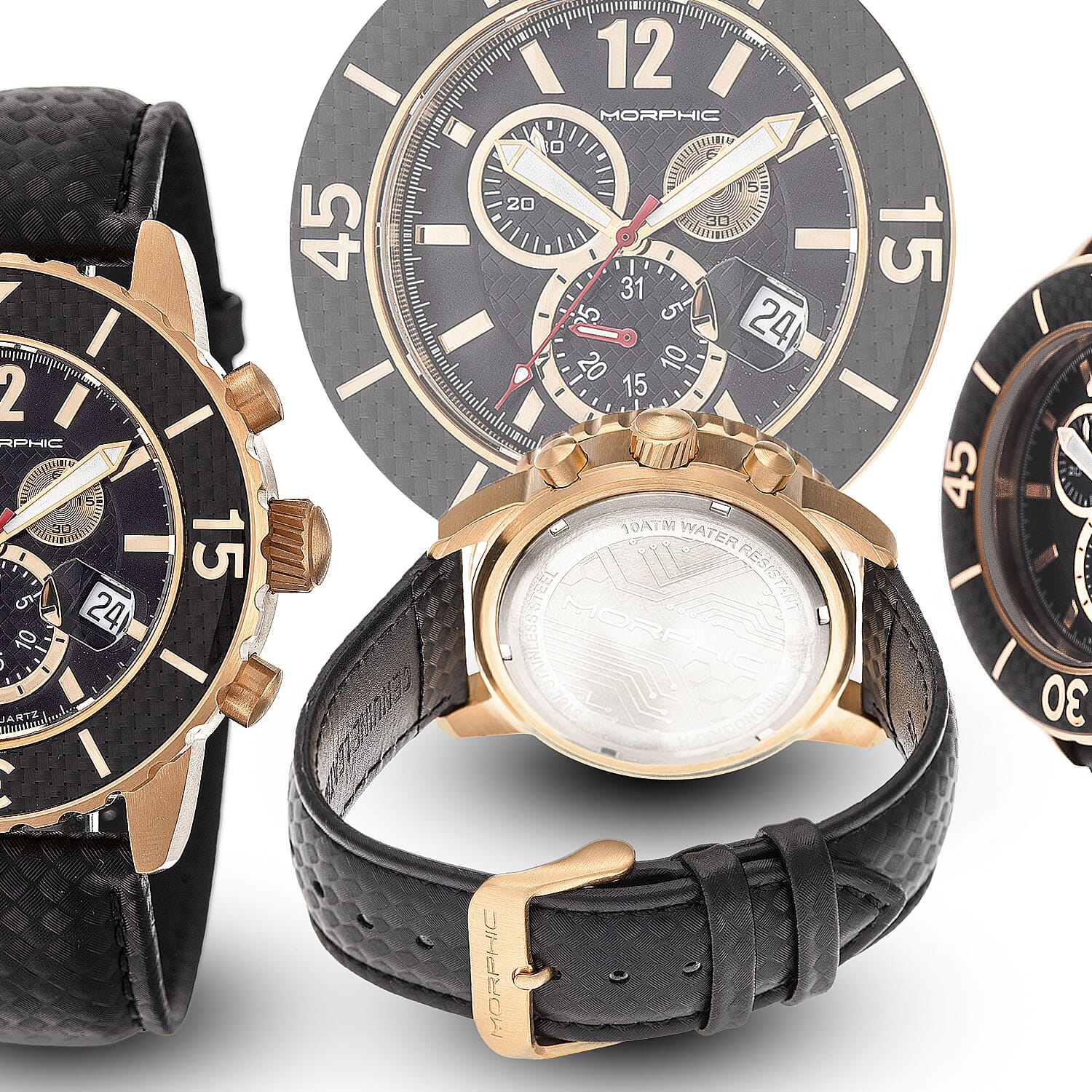 Morphic M51 Series Quartz Movt. 10ATM WR Black Dial with Rose Case Mens Watch with Black Leather Strap