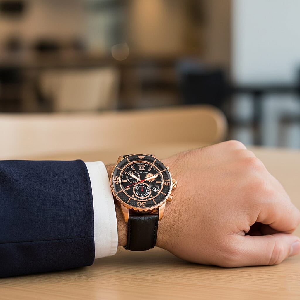 Morphic M51 Series Quartz Movt. 10ATM WR Black Dial with Rose Case Mens Watch with Black Leather Strap