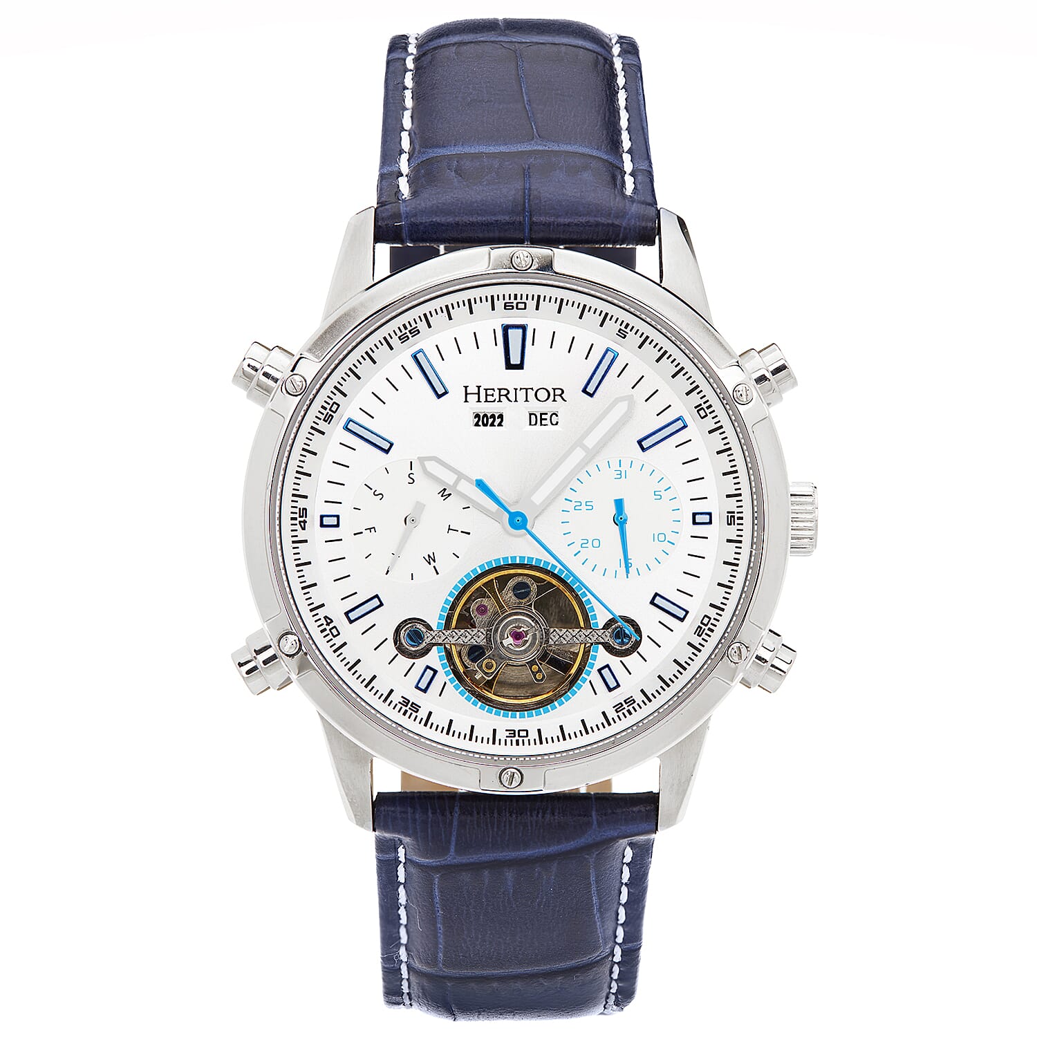 HERITOR Wilhelm Automatic 10ATM WR White Dial Mens Watch with Blue Leather Strap