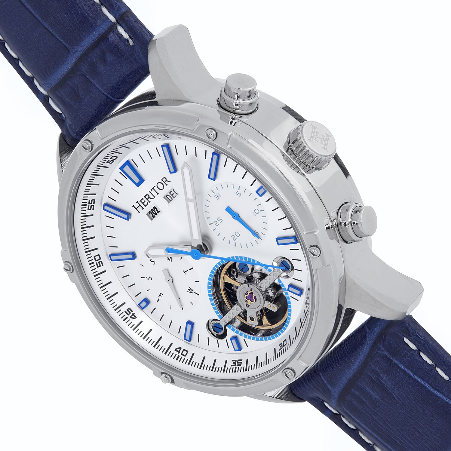 HERITOR Wilhelm Automatic 10ATM WR White Dial Mens Watch with Blue Leather Strap