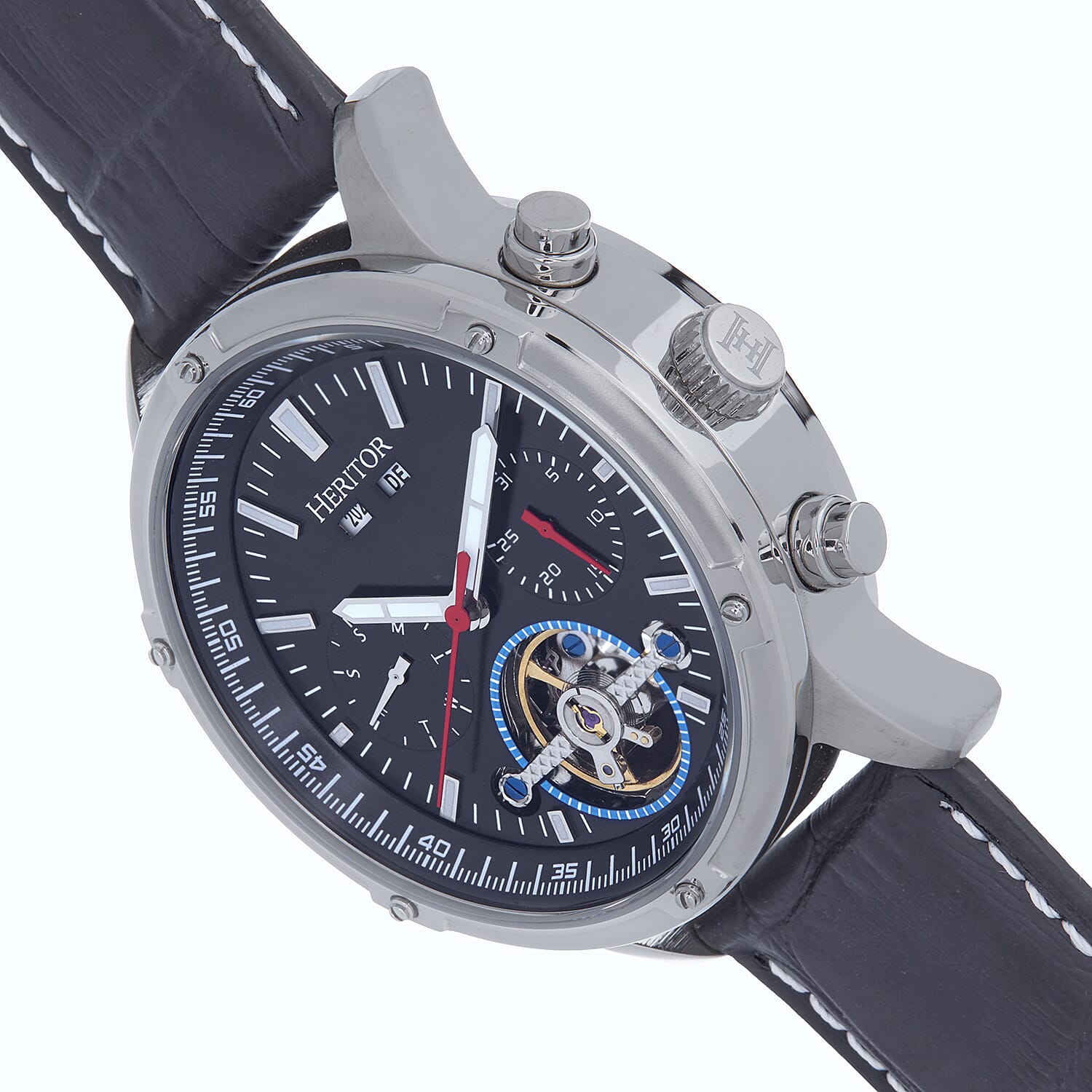 Heritor Automatic Mens Watch in Stainless Steel- Black Leather Strap