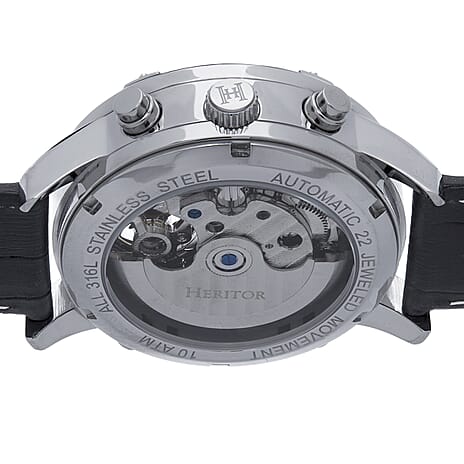 Heritor Automatic Mens Watch in Stainless Steel- Black Leather Strap