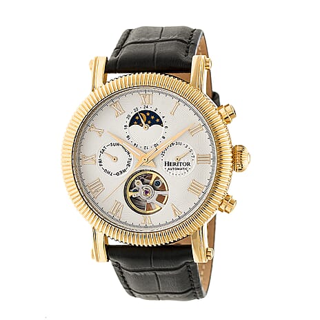 Heritor Winston Automatic Movt. 10ATM Water Resistance White - Gold Dial Mens Watch with Black Leather Strap